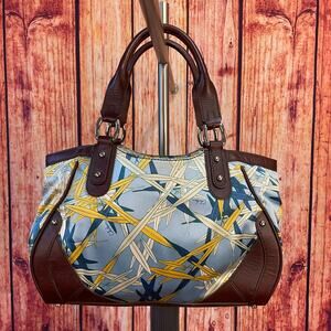 Cole Haan Scarf Print Satchel Sateen Blue Yellow Brown Leather Trim GUC